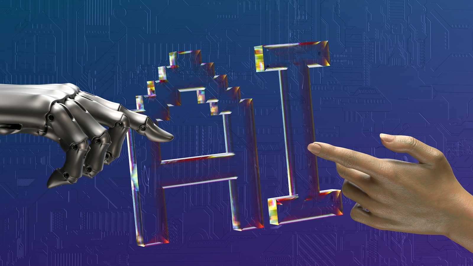 Tangan manusia dan robot menjangkau tulisan AI