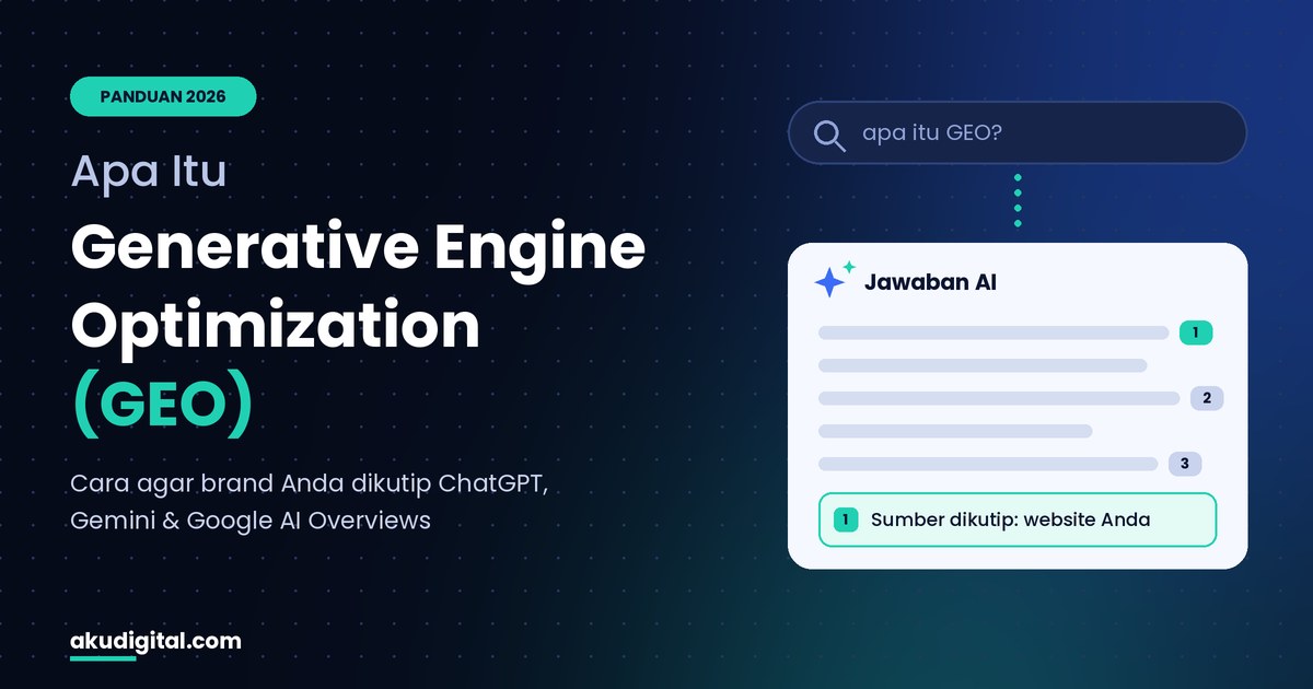 Ilustrasi generative engine optimization: pertanyaan di mesin pencari AI dan website yang dikutip dalam jawaban AI